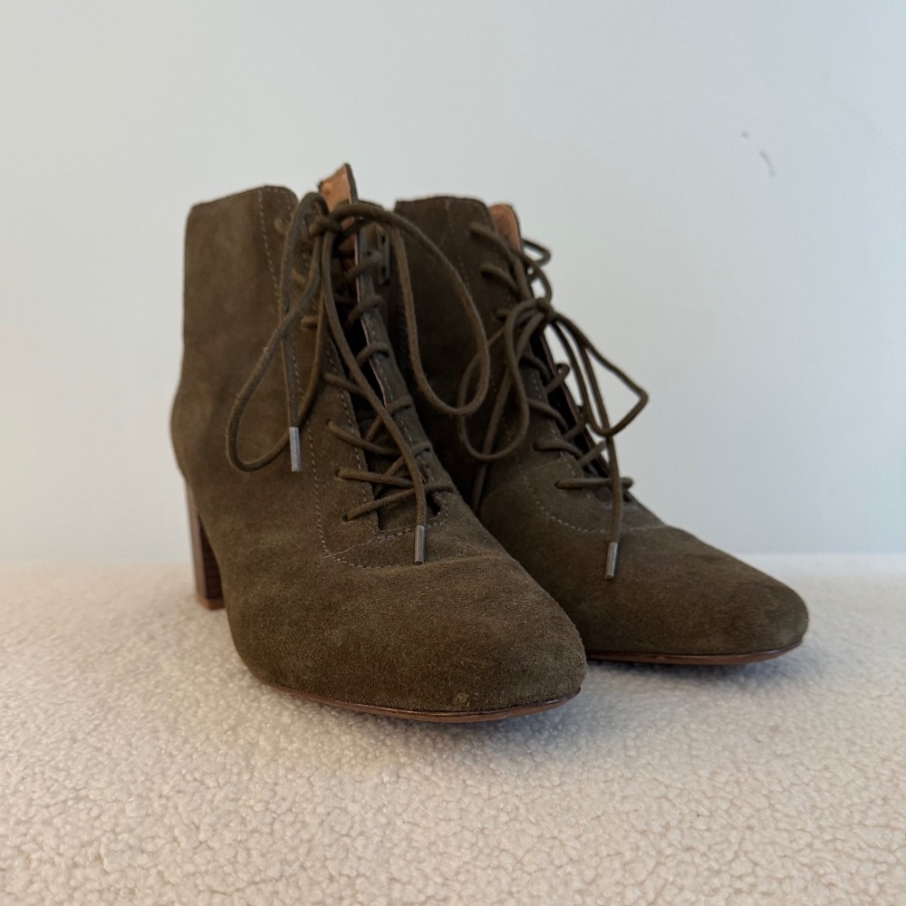 Madewell Emilia Olive Suede Lace Up Block Heels Ankle Boots